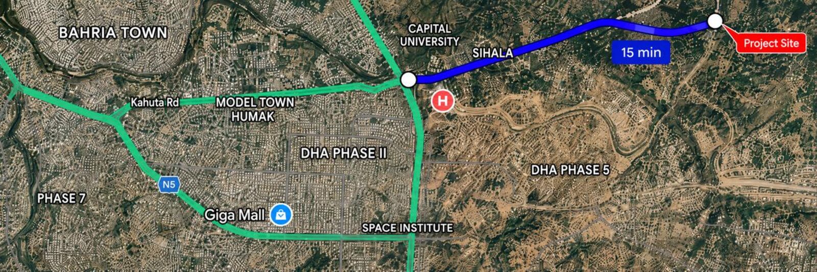 Satellite map showing indicative access towards the project site via Sihala, with references to Bahria Town, Model Town Humak, DHA Phase II, DHA Phase 5, Giga Mall, Capital University, and Space Institute