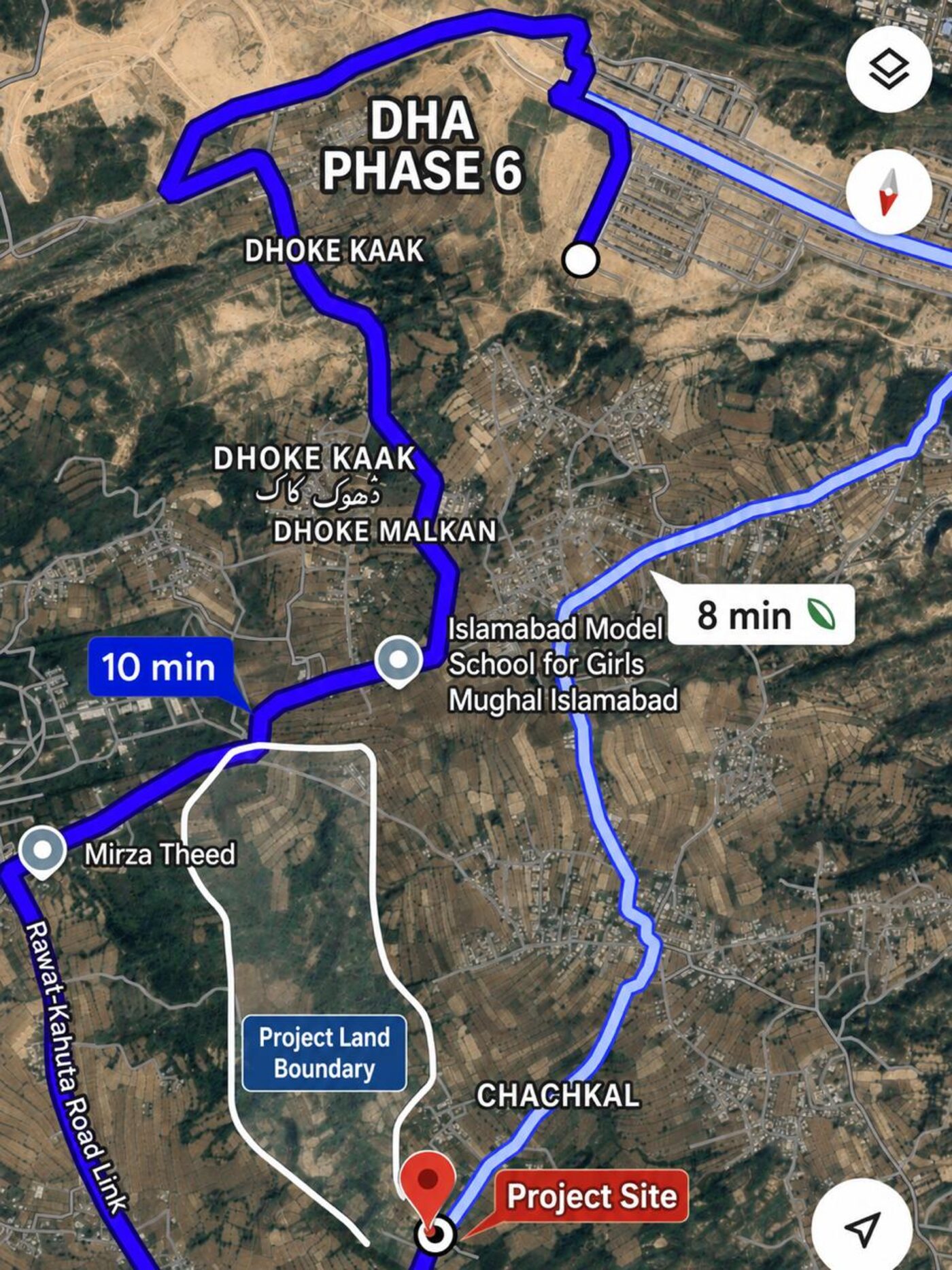 Satellite map showing the proposed Landup Estates project land boundary near DHA Phase 6, Dhok Kaak, and the Rawat-Kahuta Road link