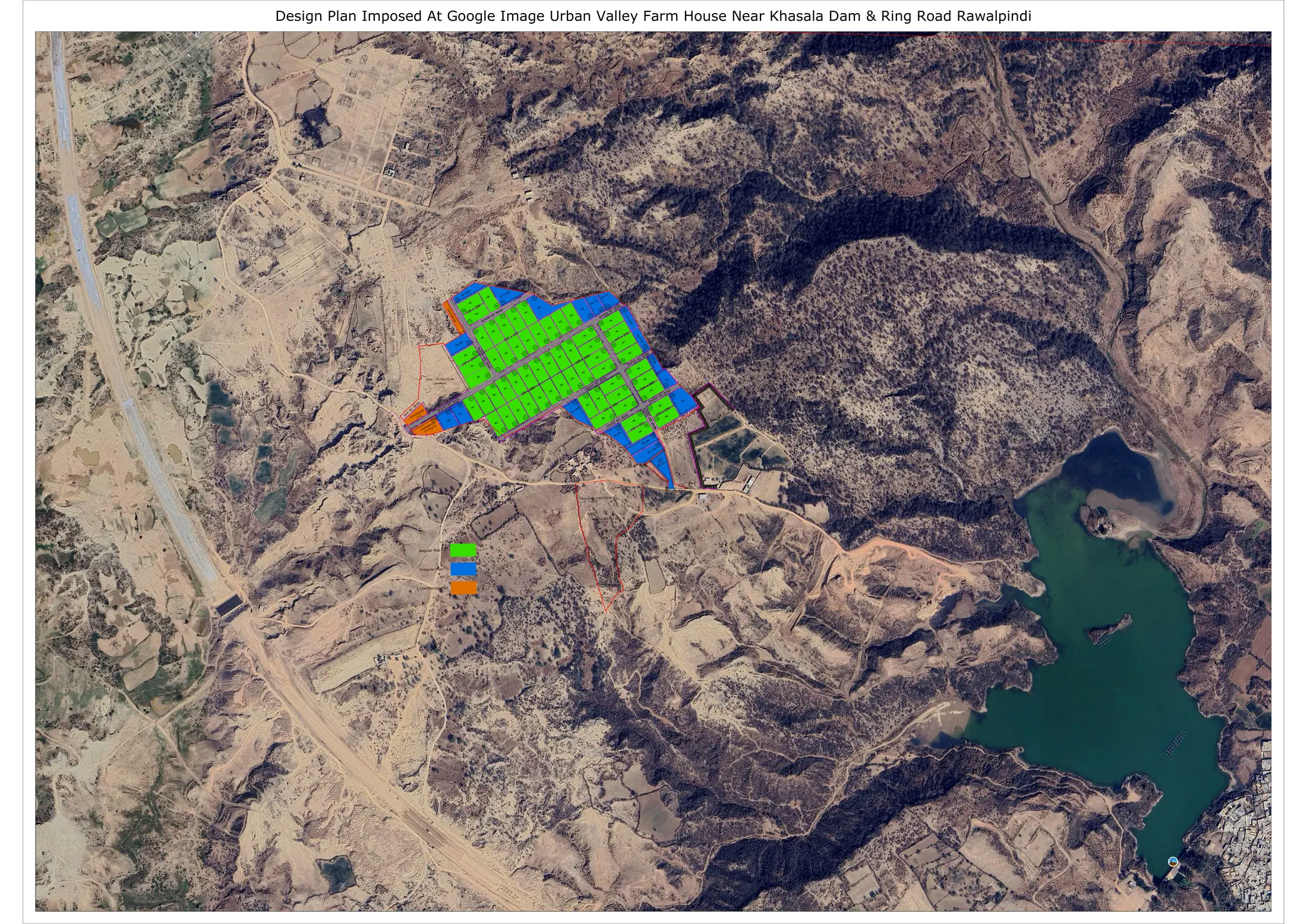 Indicative Midway Farmlands design plan imposed on satellite imagery near Khasala Dam and Ring Road Rawalpindi