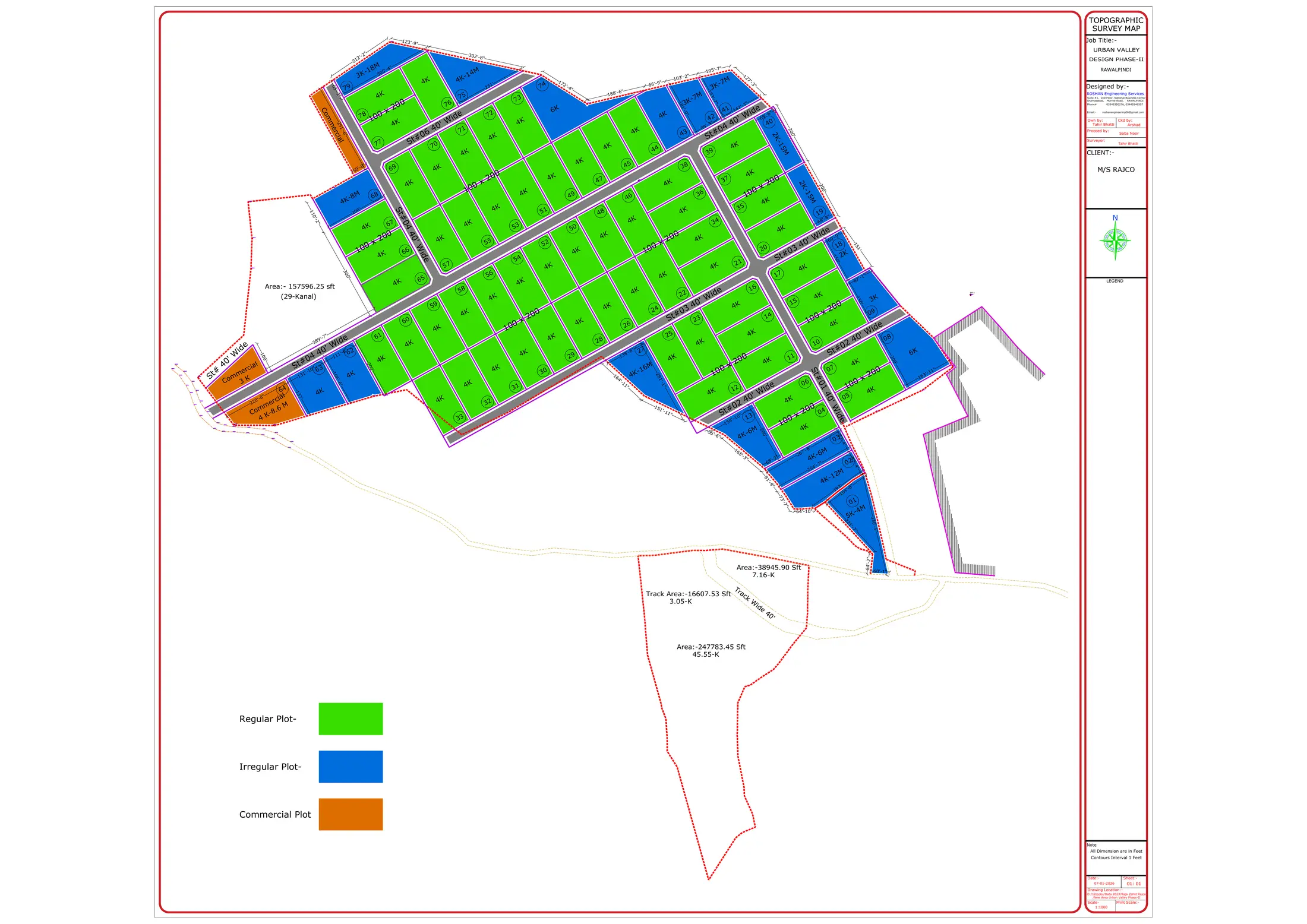 Indicative Midway Farmlands site plan showing plot layout, commercial plots, farmhouse tracks, and internal 40 foot roads